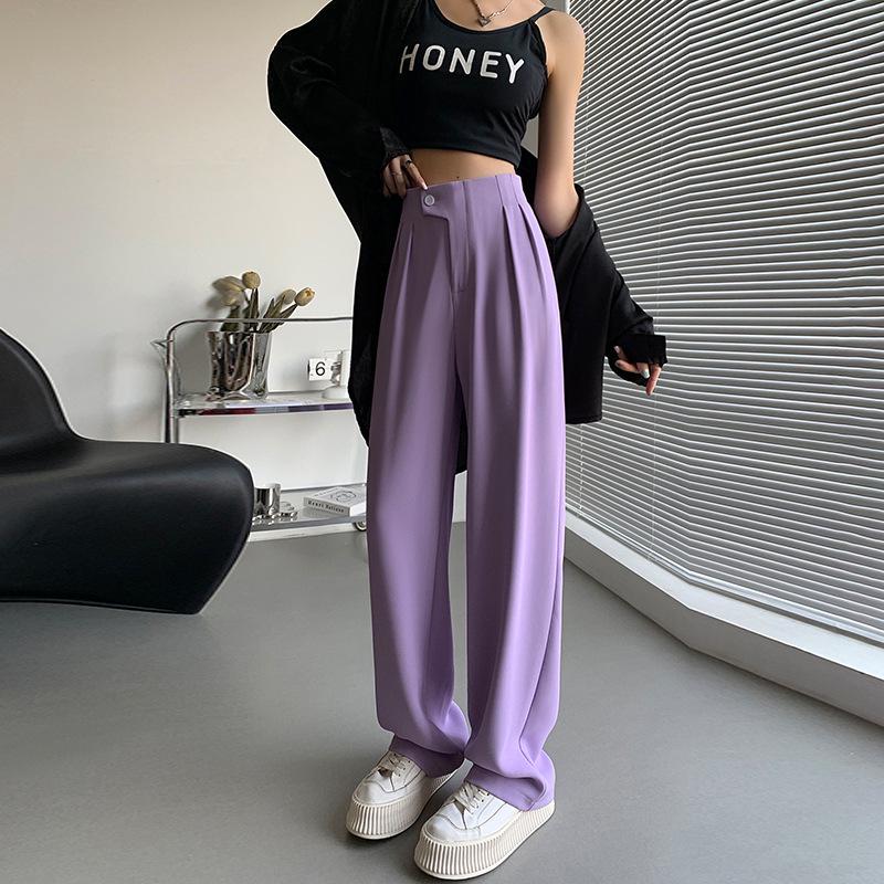 Women's Purple Ice Silk High-Waisted Wide-Leg Chiffon Pants - Summer Sun Protection, Loose Fit, Drapey Design.