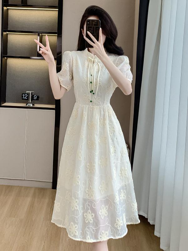 Women's Summer Jacquard Midi Dress with Stand Collar, Slim Waist, and Modern Chinese Style