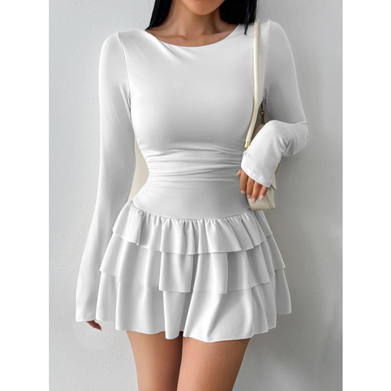 Elegantes Langarm Figurbetontes A-Linien-Stufenkleid mit Rüschen Neu Einfarbig Sexy Freizeit Party Abendkleider Damenmode Frühling Sommer Kleidung