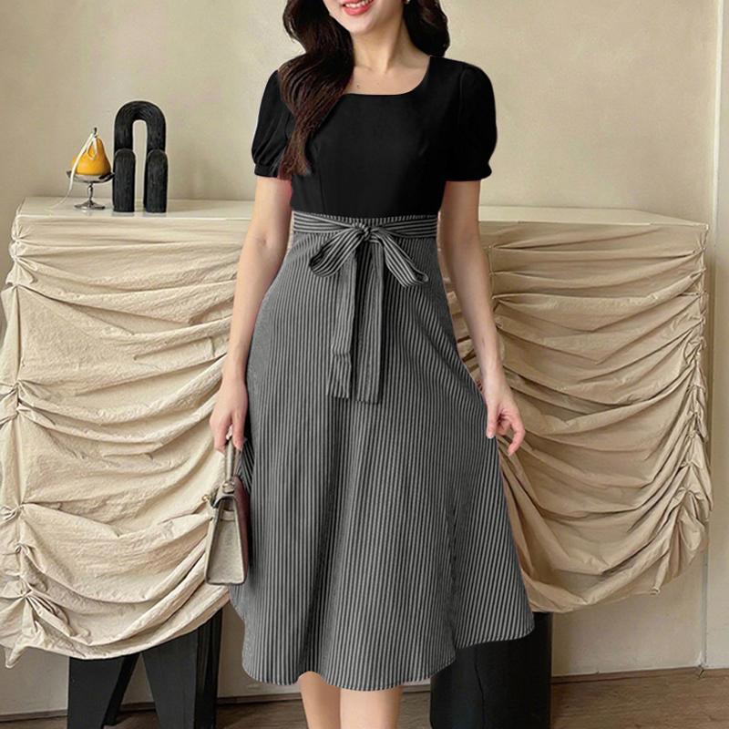 ZANZEA Women Casual Round Neck Short Sleeve Stripe Splice Dress