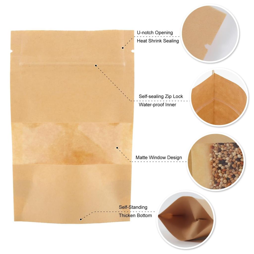 20pcs Kraft Paper Zip Lock Bags With Window Food Snack Tea Self Sealing Storage Bag Wedding Home Candy Gifts Packaging Pouch