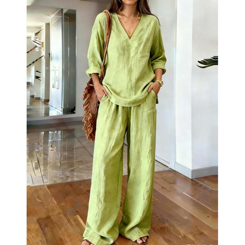 2026 Spring European and American Foreign Trade New Women's Fashion Casual Top Wide-Leg Long Pants Two-Piece Set