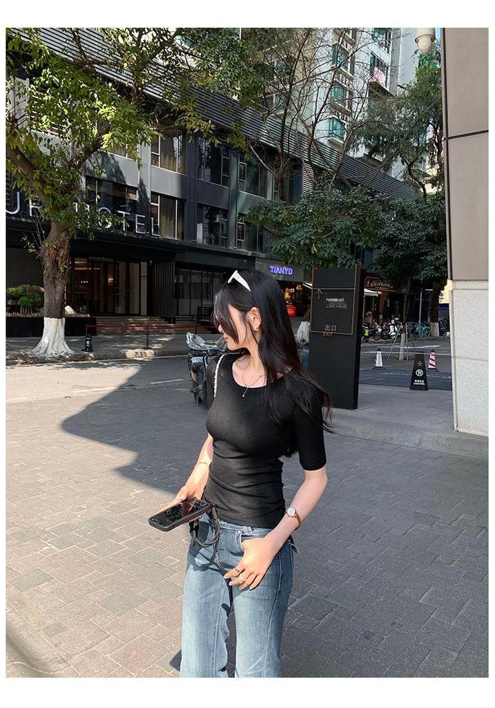 2026 Sexy Backless Short Sleeve T-Shirt - Women's Slim Fit Round Neck Top