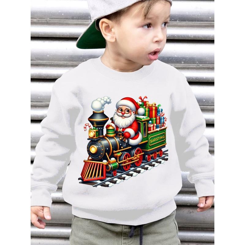 Christmas Boys' Autumn Winter Fashion Fleece Round Neck Pullover Sweater with Cartoon Pattern And Gift-Giving Santa