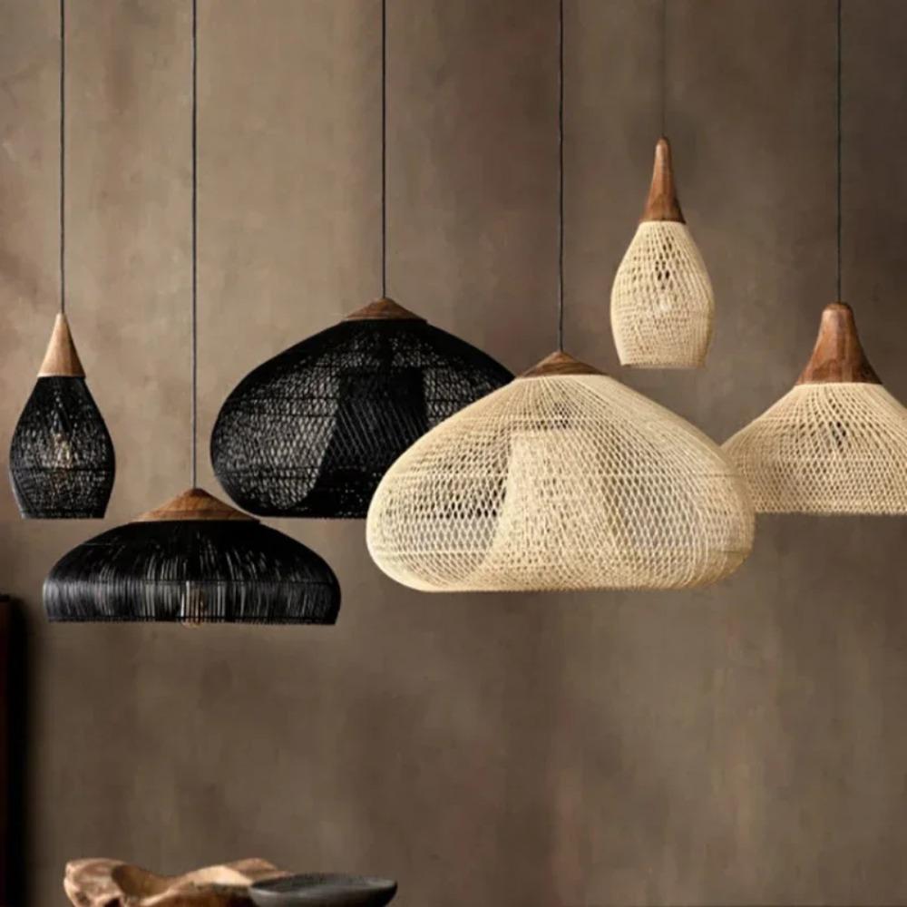Bamboo Pendant Lamp Shades with Wire Rattan Vintage Black Chandeliers Bar Restaurant Combination Designer Villa Duplex Staircase