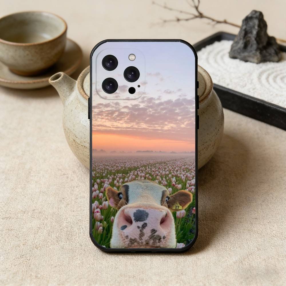 Lovely Cute Cow Cows OX Phone Case For iPhone17,16,15,14,13,12 Plus,Max Soft Silicone Black Cover