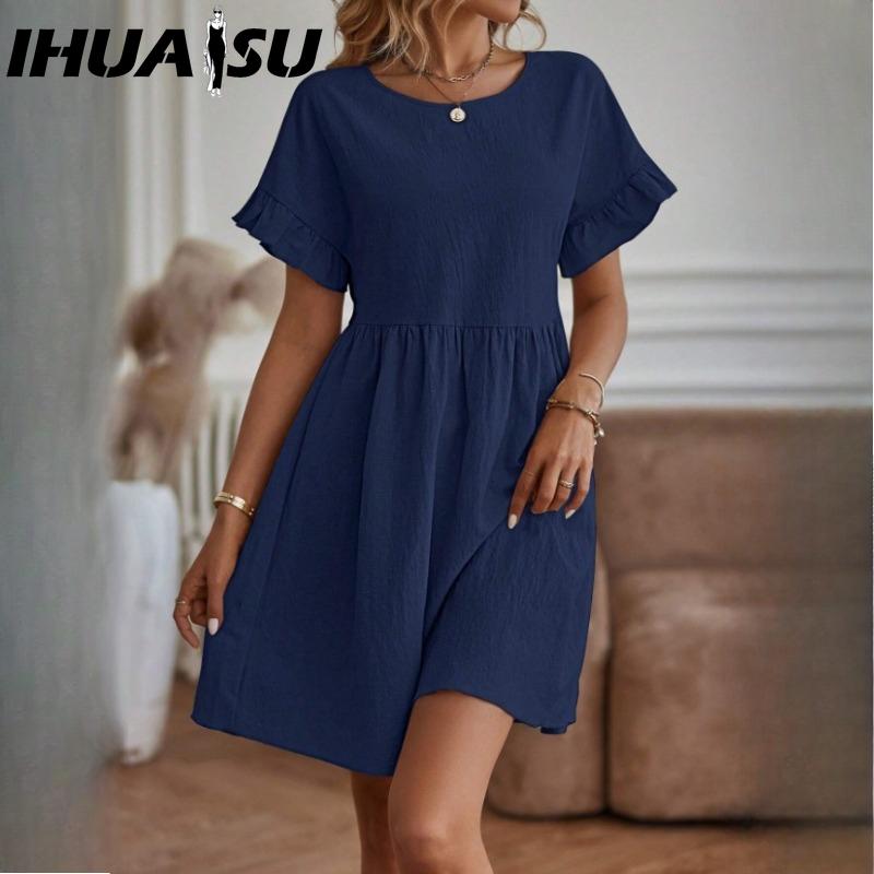 IHUASU Women's Fashion Summer Spring Solid Color Print O-Neck High Waist Casual Dresses
