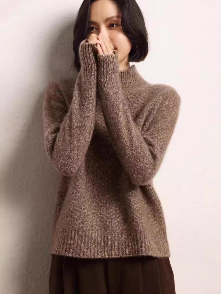 Autumn/Winter Thickened Half-High Collar Fancy Yarn Cashmere Pullover - Short Style Korean Loose Knit Sweater for Women