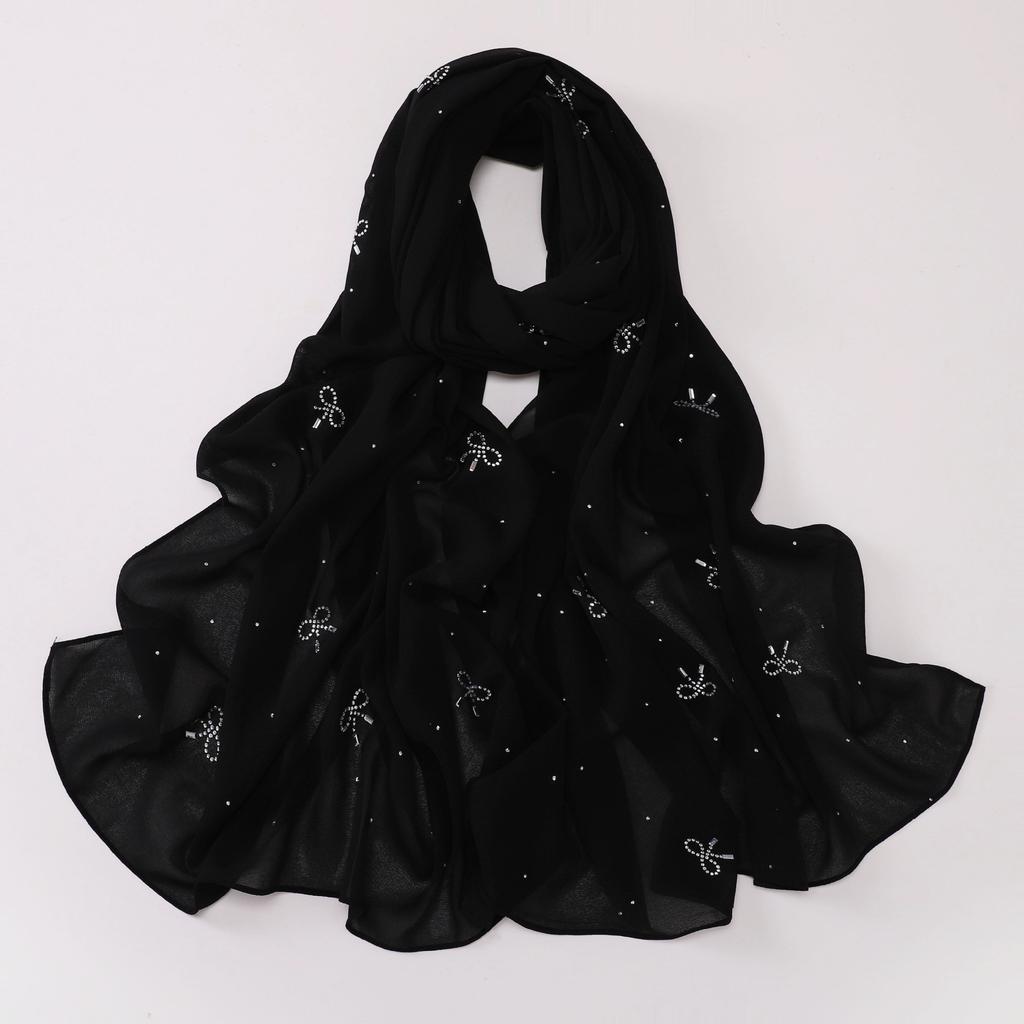 Pearl Chiffon Starry Bow Rhinestone Long Scarf Muslim Women Headscarf