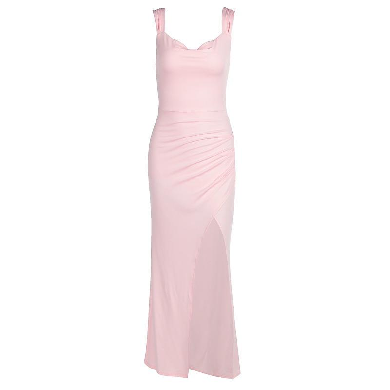 Women European Style Backless Sleeveless Lace Up Slit Slim Long Dress