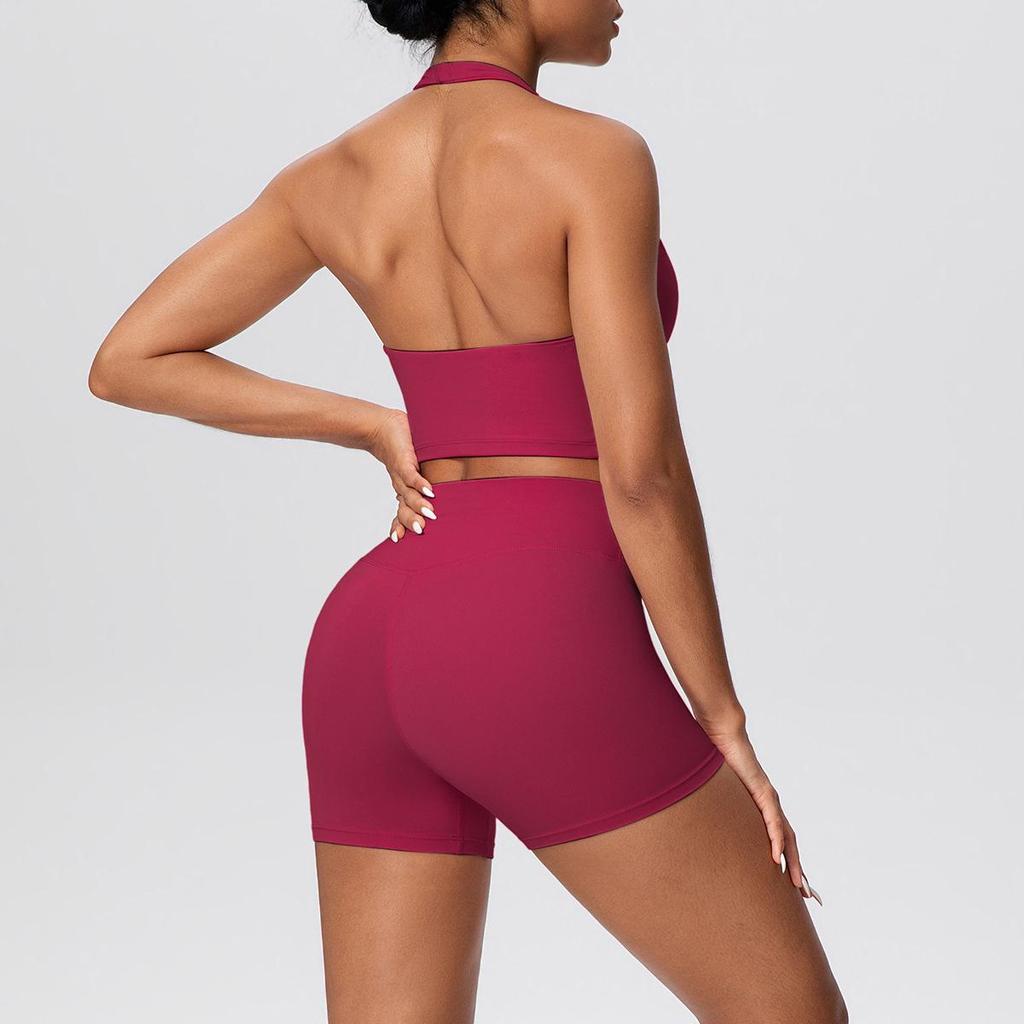 Solid Color Halter Sports Bra & Shorts Fitness Set