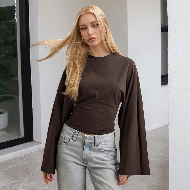Y25TP201 European and American Women's Solid Color Round Neck, Wide Sleeve, Cinched Waist Sexy Long Sleeve Top