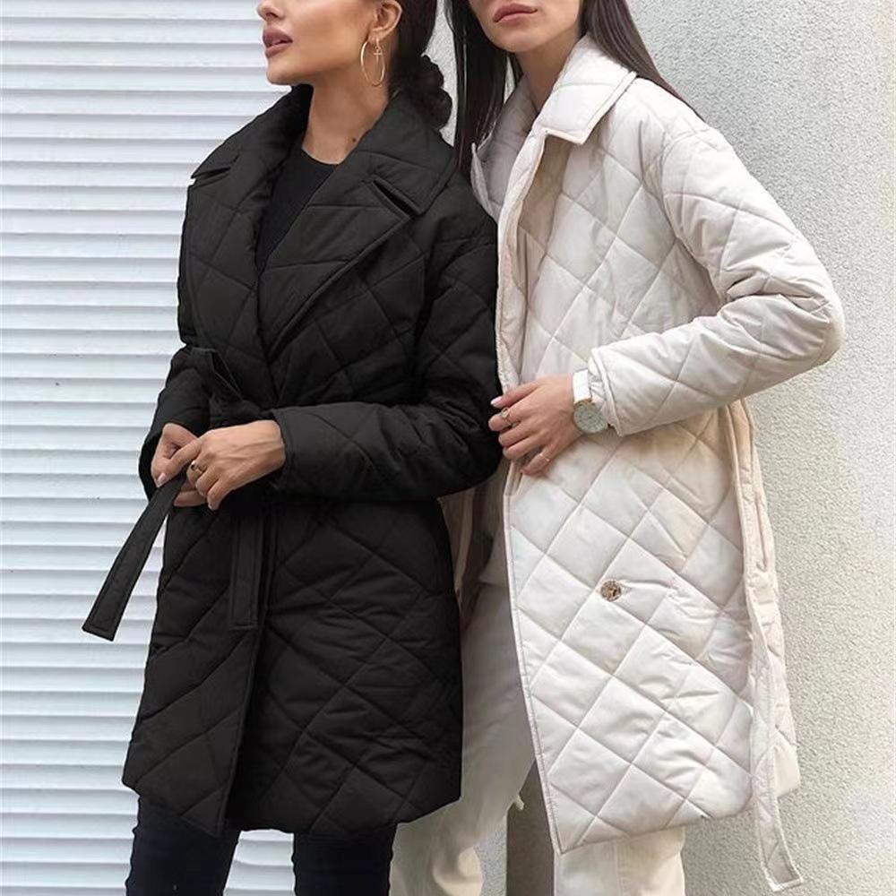 2025 Autumn Winter Women's Notched Lapel Trench Coat, Diamond Quilted Waist Belt Cotton Coat with Button Front, Fashion Slim Fit Mid-Length Parka