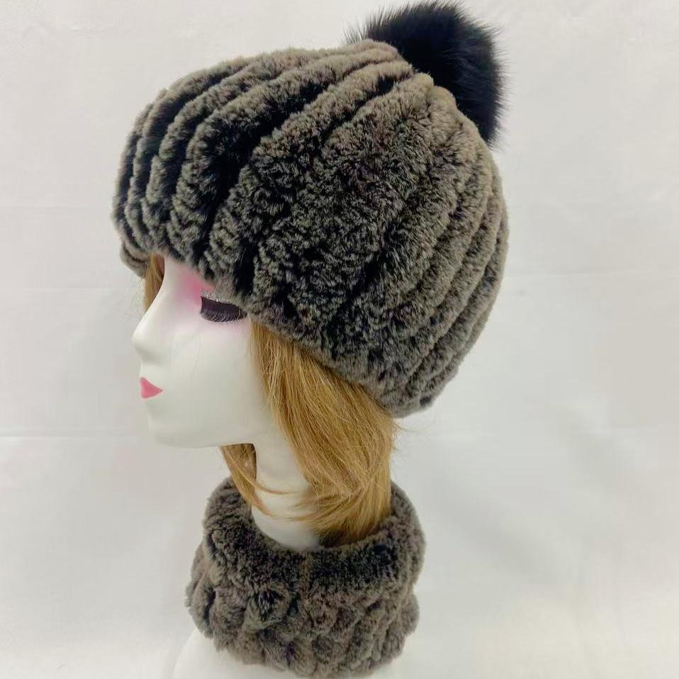 Winter Fur Hats and Scarf Set for Women Soft Warm Elastic Rabbit Fur Sets