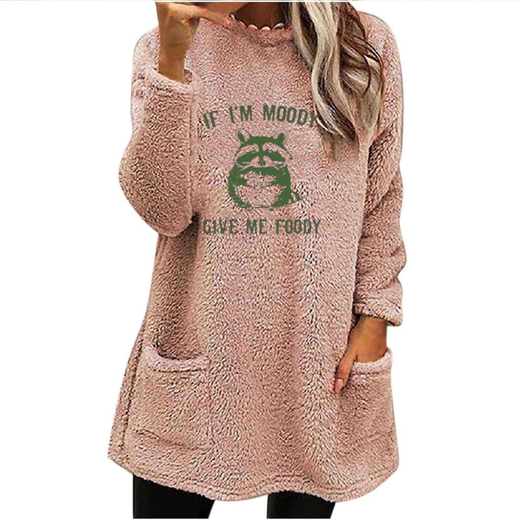 Autumn/Winter Women's European & American Printed Casual Loose Round Neck Long Sleeve Plush Hoodie with Pockets