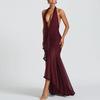 2026 European & American Mesh Patchwork Elegant V-Neck Halter Backless Hip-Hugging Maxi Dress