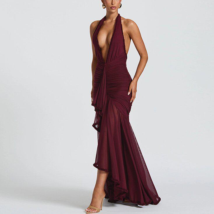 2026 European & American Mesh Patchwork Elegant V-Neck Halter Backless Hip-Hugging Maxi Dress