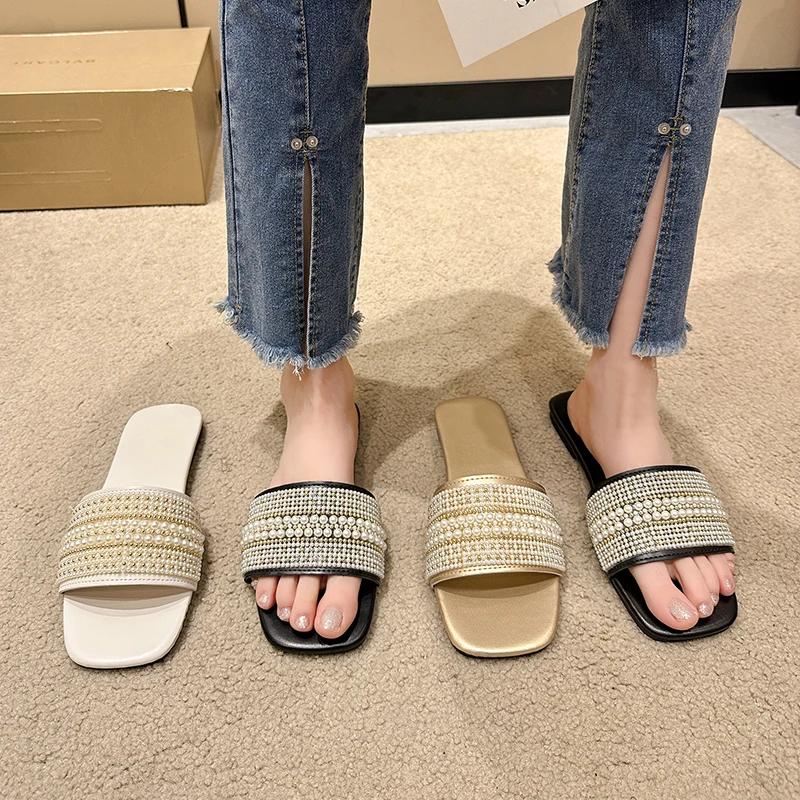 Women's Fashion Slippers Pearl Flat Sole Square Toe Shoes for Women Leisure Daily Commute French Summer 2025 Zapatillas De Mujer