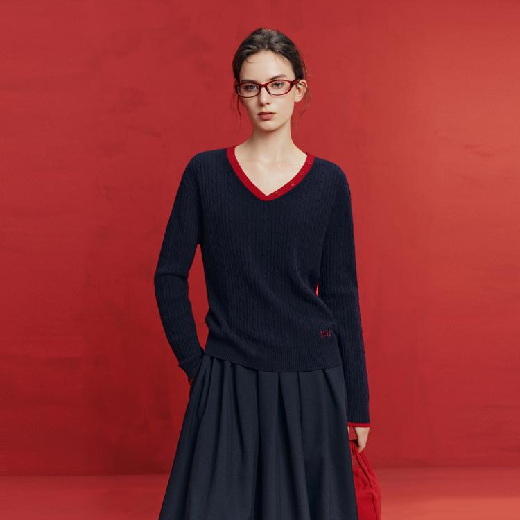 ELLE French Lazy Style Color Block Fashion Design Pullover V-Neck Lambswool Casual Loose Versatile Long Sleeve Knit Sweater Women sweater EM63348