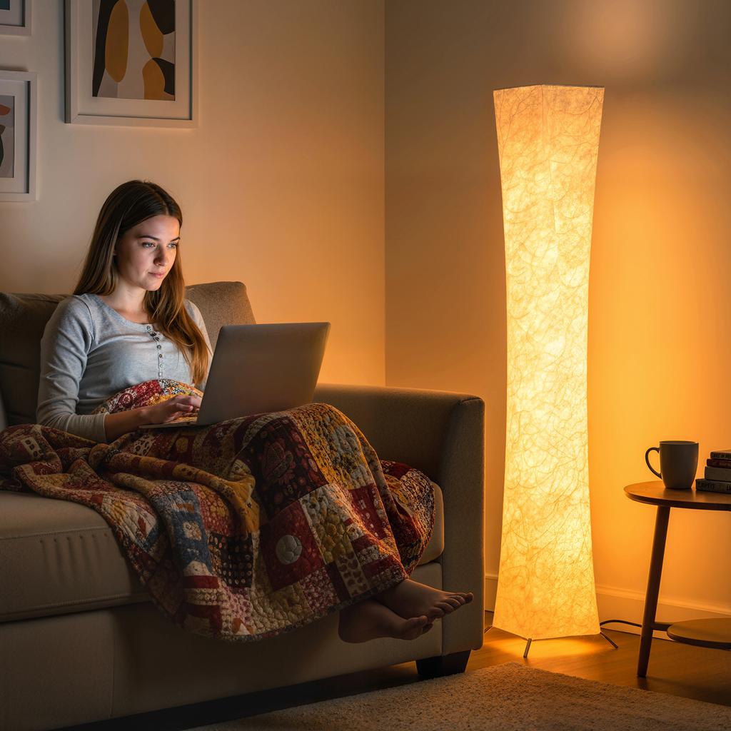 Floor Lamp with Paper Shade, Foot Switch, 3 Brightness Levels, White