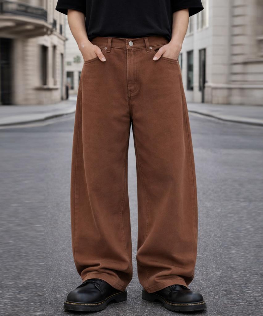 Jikeulib Brushed Brown Curved Cut-Line Wide Cotton Pants