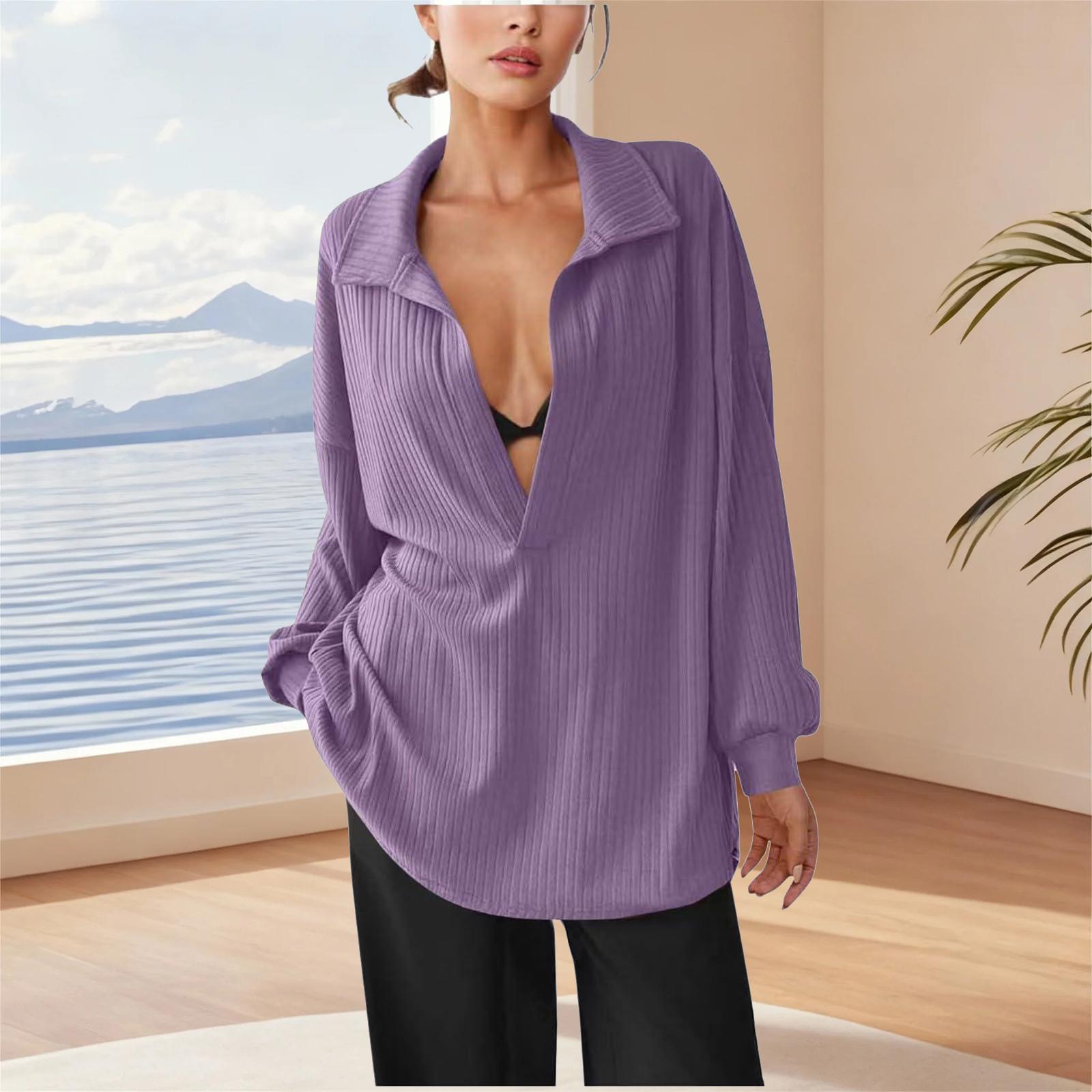 

Women s Fashionable Loose-Fit Long-Sleeved V-Neck Solid-Colour Shirt Top XL фіолетовий