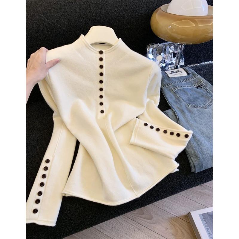Maglia da donna con colletto alla coreana, dettagli bottoni, vestibilità aderente, manica lunga, maglione casual