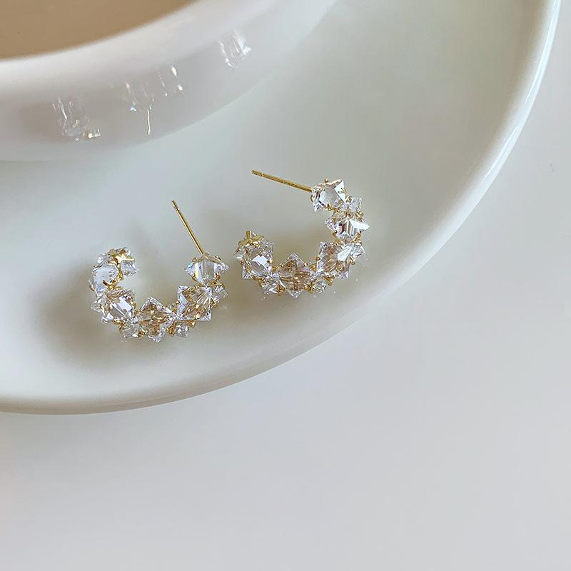 Silver needle zircon C-shaped stud earrings exquisite fashion trend versatile earrings light luxury high sense earrings design sense niche