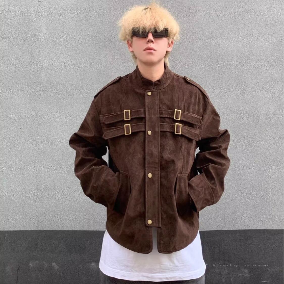 Men s Brown Maillard Style Stand Collar Jacket - Korean Trend Autumn Coat Extra Large