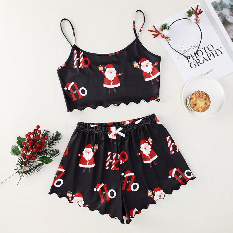 Summer Sleeveless Milk Silk Two-Piece Homewear: Christmas Style