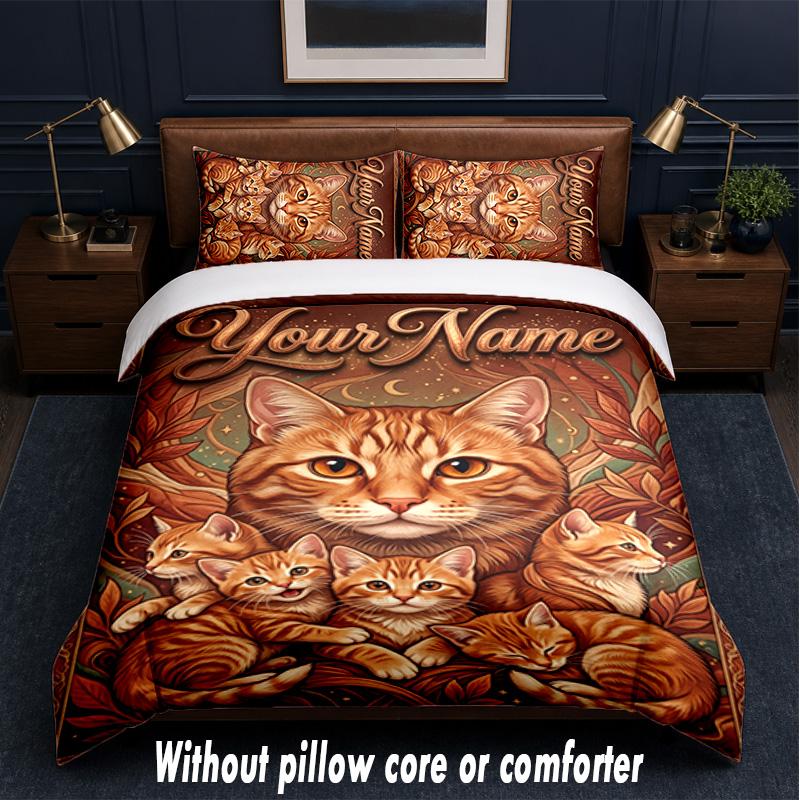 Cat Theme Custom Text Or Name 3Pcs Bedding Set,1 Flat Sheet & 2 Pillowcases Personalized Home Bedding