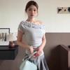Niche design slanted shoulder short-sleeved T-shirt women's summer new three-dimensional multi-layer lace pure desire sexy top