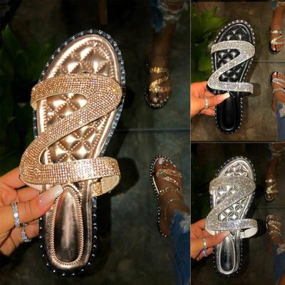 Verano Mujer Rhinestone Slip-On Open Toe Sandalias planas transpirables Zapatos de playa