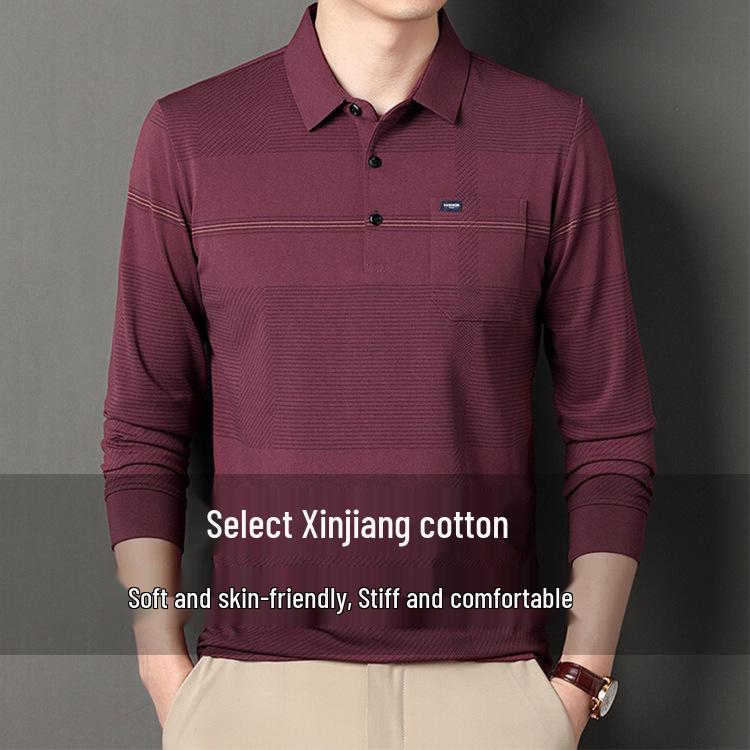 Men's Striped Autumn Cotton Polo - Long Sleeve, Turn-Down Collar, Breathable, Casual Business Shirt