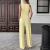 D8111 European and American Hot-selling Women's Clothing, Fashionable Solid-color Button-up Cardigan Sleeveless Wide-leg Pants Two-piece Set