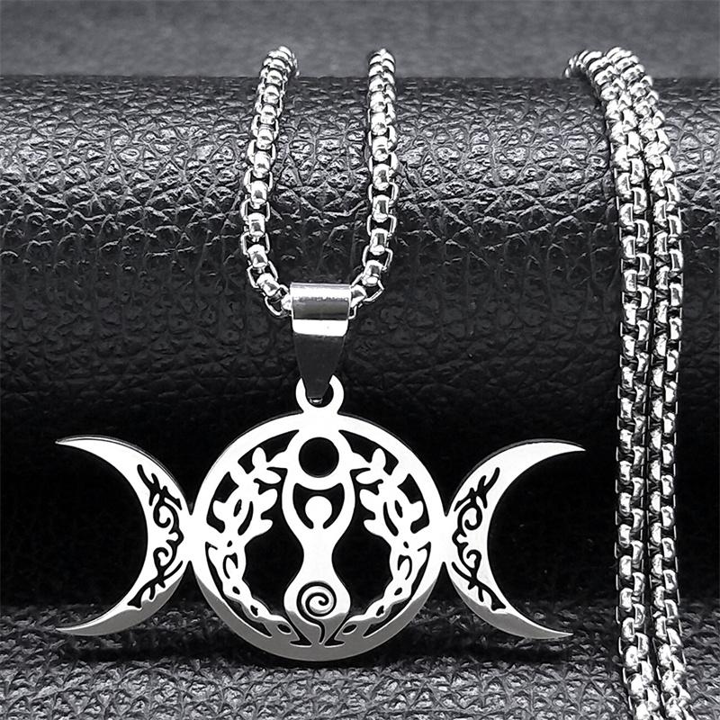 Triple Moon Goddess Luna Necklace Stainless Steel Silver Amulet Hecate Chain Jewelry for Women Men N9736S02