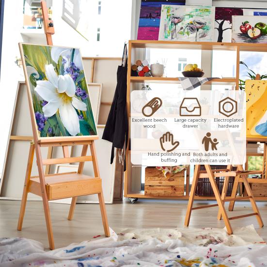 H Frame Easel, French Easel with Drawer, Solid Beech Wood Easel, Painting Canvas Holder Stand, Tilts Flat Artist Easel, Height Angle Adjustable