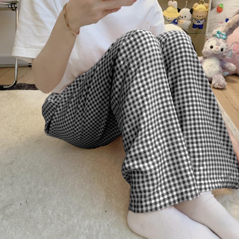 Korean Style Women's Imitation Cotton Pajama Set: Solid Color Long Sleeve Top & Plaid Trousers for Spring and Autumn
