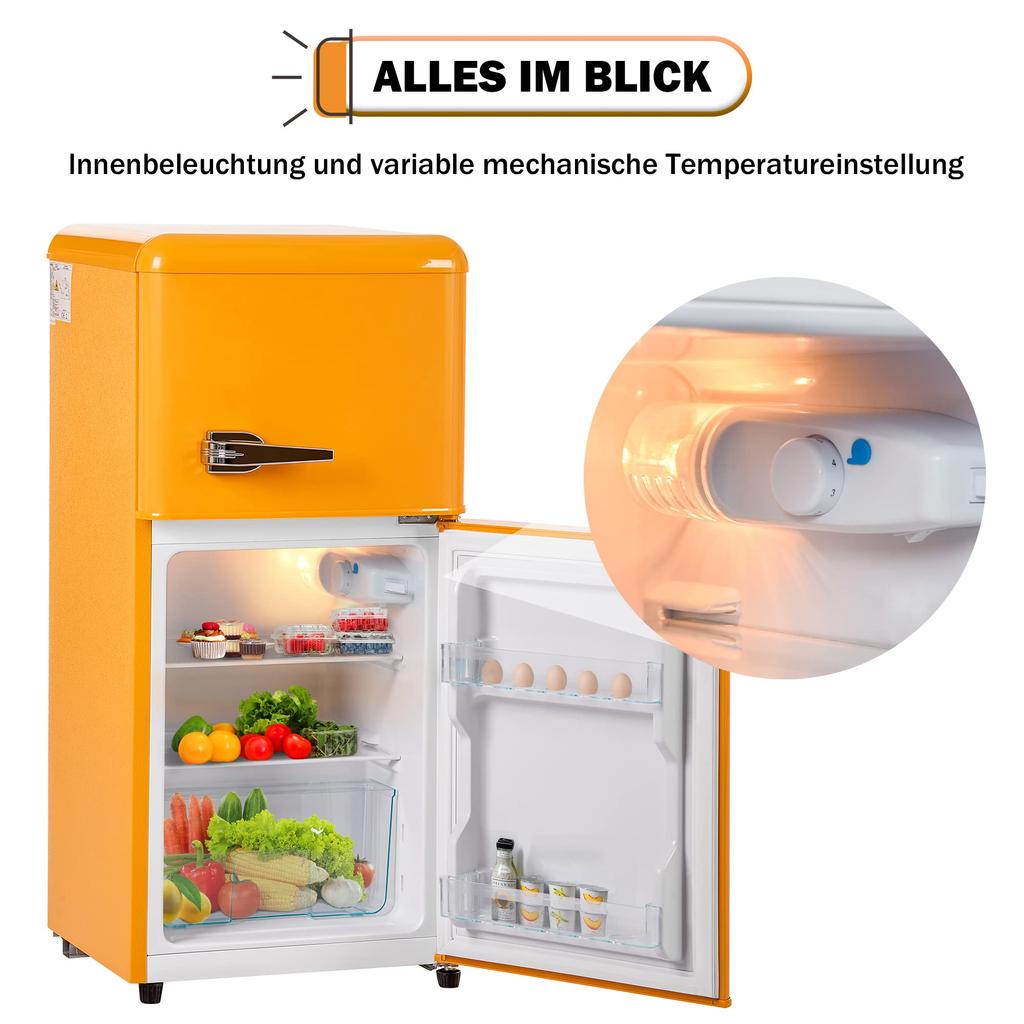 Kühlschrank mit Gefrierfach, Kühl-Gefrierkombination, 60 Liter Doppeltür Kühlschrank, mit 22L Gefrierschrank, 45dB, LED, Gemüsefach, Türablagen