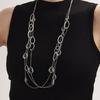 European & American Water Drop Glass Stone Long Sweater Necklace with Hollow Round Ring in Non-Fading Titanium Steel