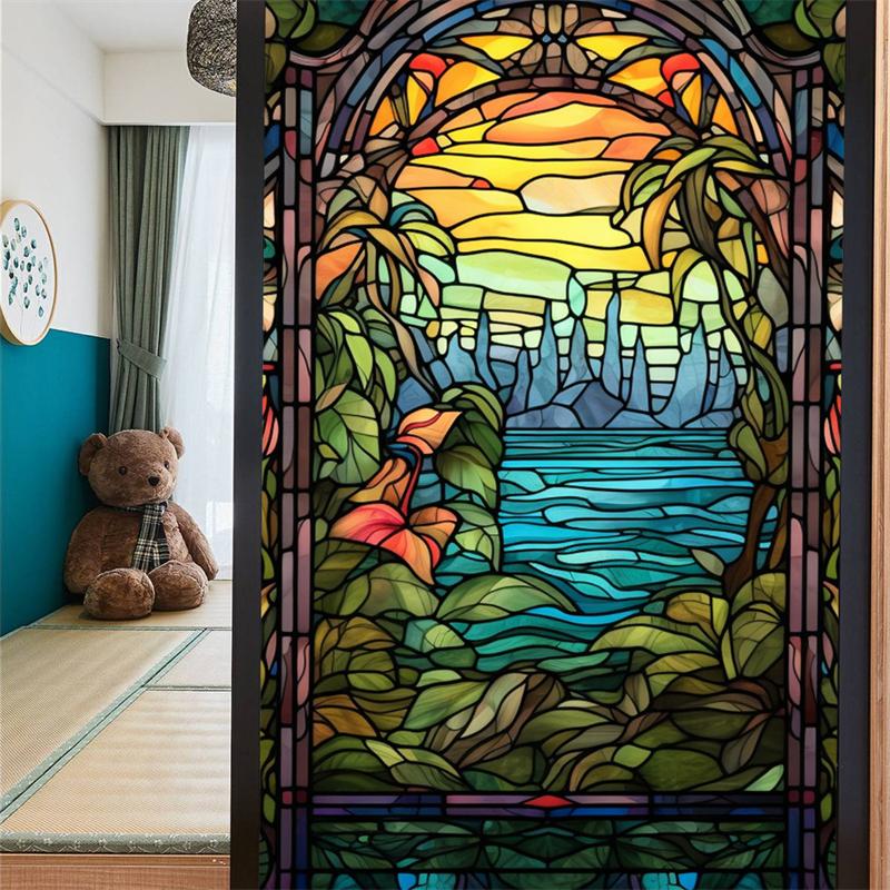 Gebeizte bunte tropische Pflanzenblumen, Ozean-Sonnenaufgang, Fensterglas, statische Aufkleber, entfernbare dekorative PVC-Folie für das Home Office