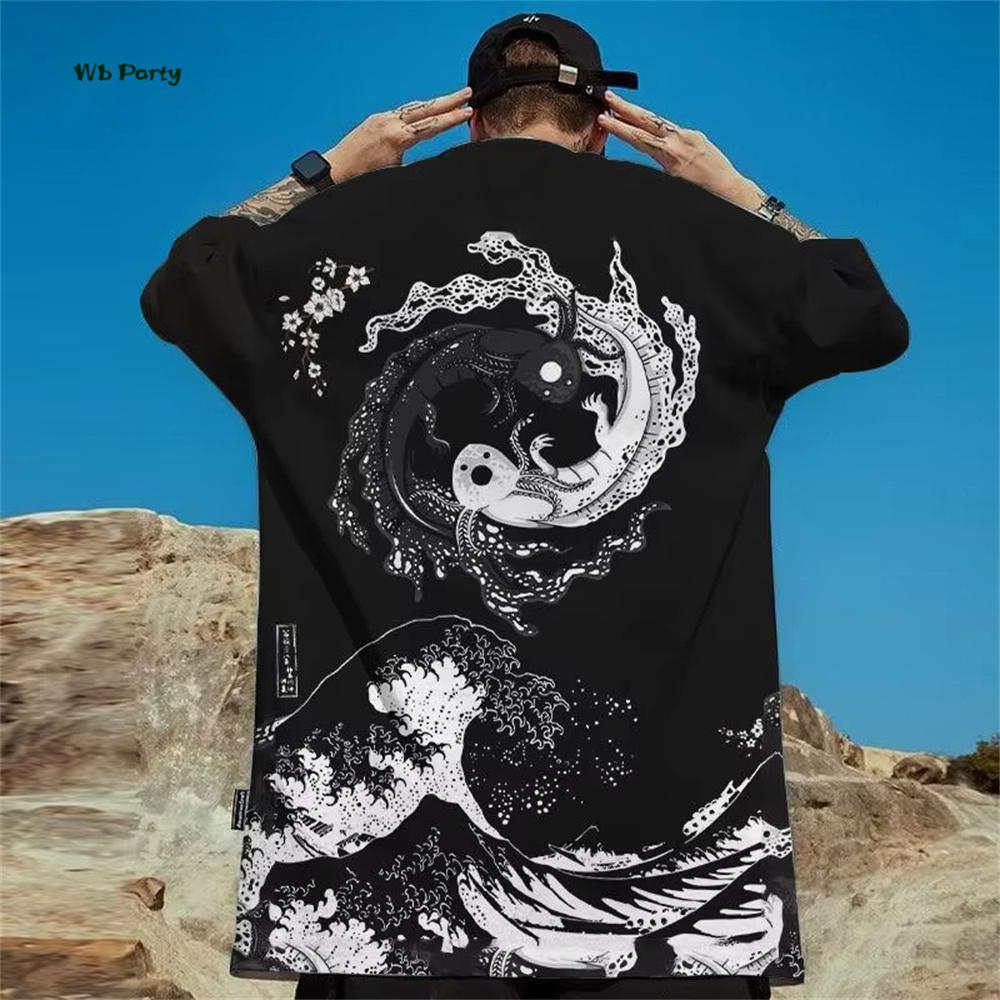 Japanese Ukiyo-E Men's T-Shirt Yin Yang Fish Printed Short Sleeve T-Shirt Oversized Casual Tops Summer Fashion Outdoor Clothing