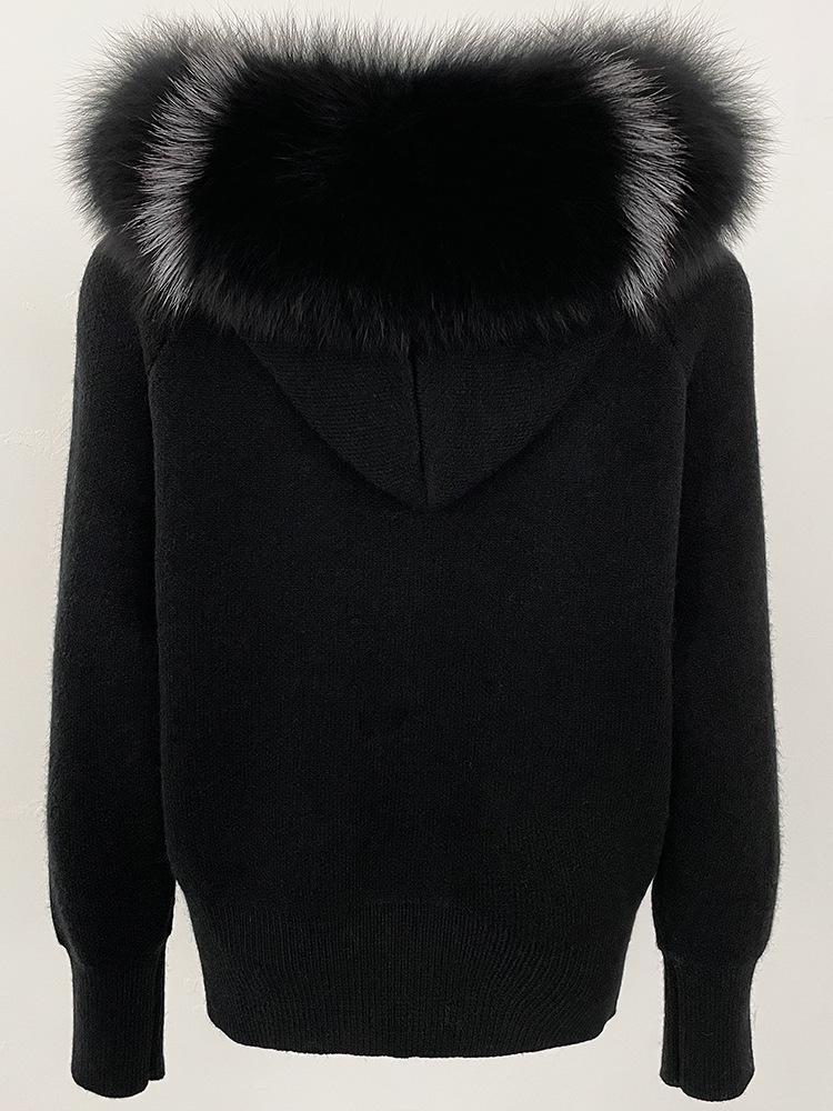 Korean Style Hooded Knit Cardigan with Large Genuine Fox Fur Collar - Luxurious Autumn/Winter Outerwear