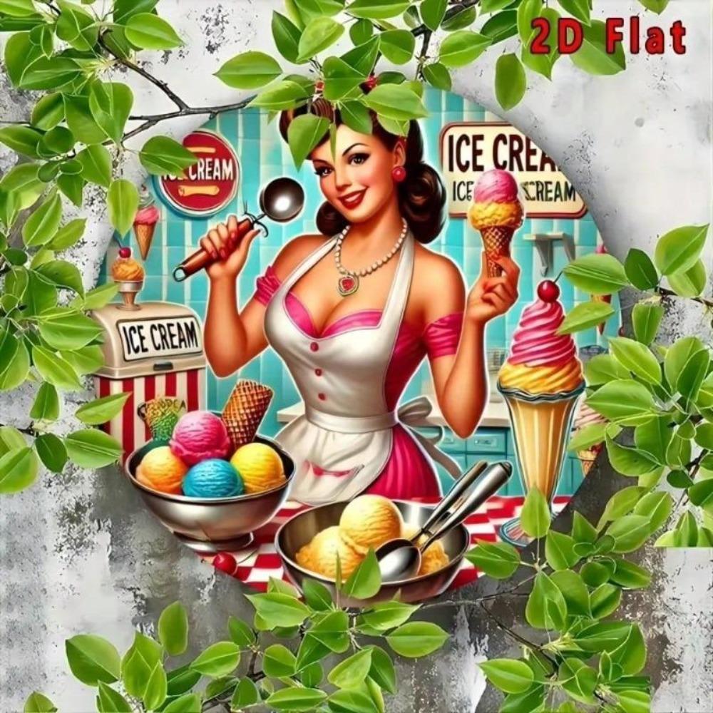 Vintage Metal Tin Sign Round Ice Cream Wall Art 8x8 Inch Retro Kitchen Home Bar Decor