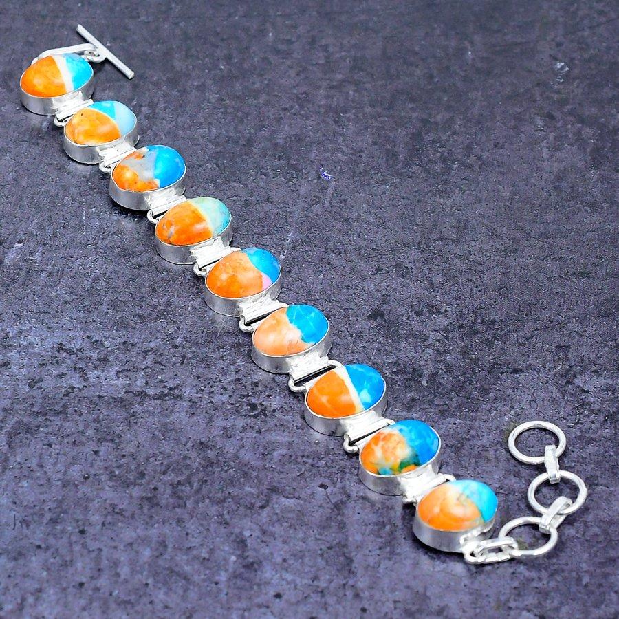 Natural Spiny Oyster Gemstone Handmade 925 Sterling Silver Bracelet 7-8" ETC-14467