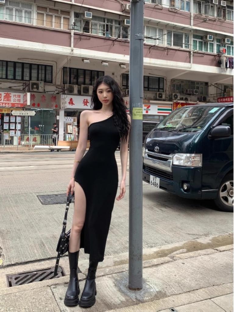 Summer Spice Girl Irregular Slant Shoulder Suspender Dress Women's Waist Design Sense Niche Slim Split Hip Wrap Long Dress