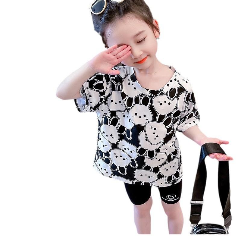 Summer Girls Cute Cartoon Rabbit Print Round Neck Short Sleeve T Shirt
