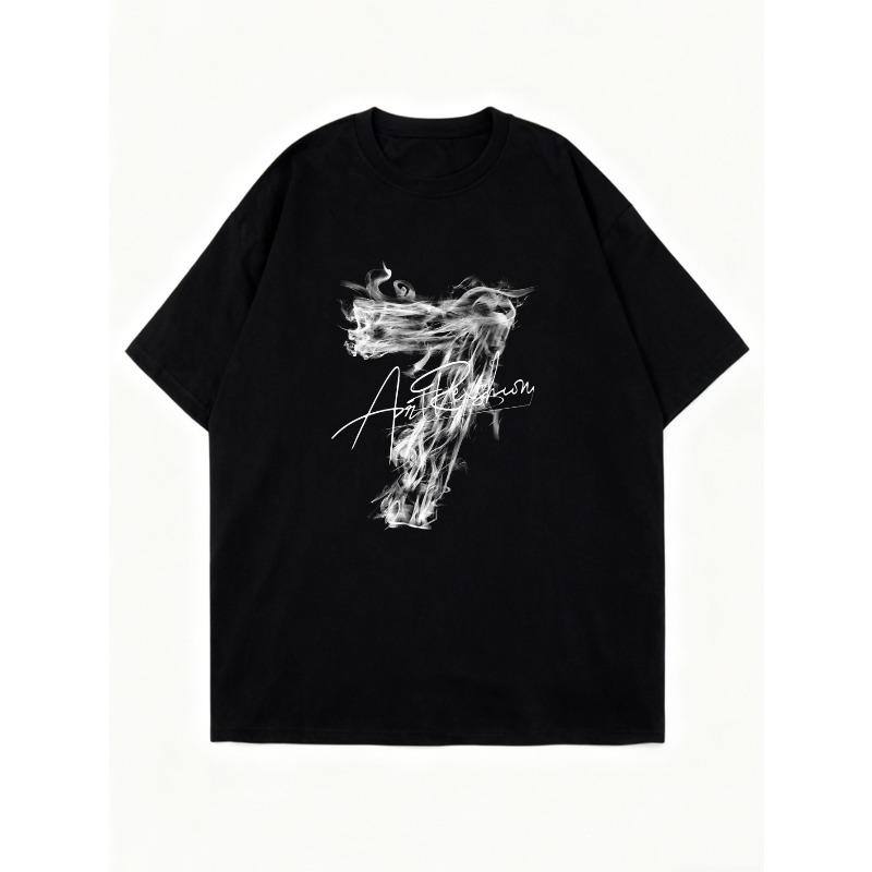 Black Oversized T Shirt With Smoke Number Seven And Signature Print For Casual Wear