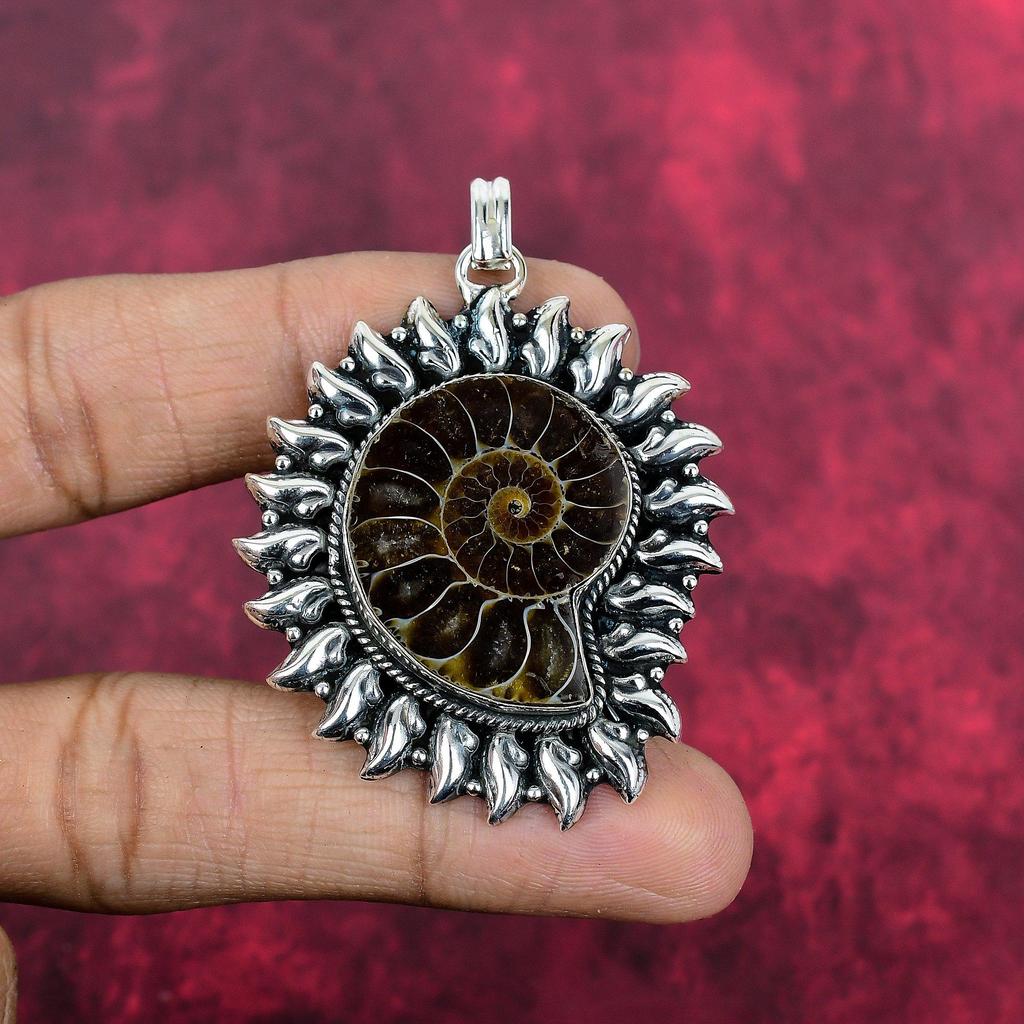 Ammonite Fossil 925 Solid Sterling Silver Pendant, Handmade Gemstone Jewelry Pendant For Memorial Day