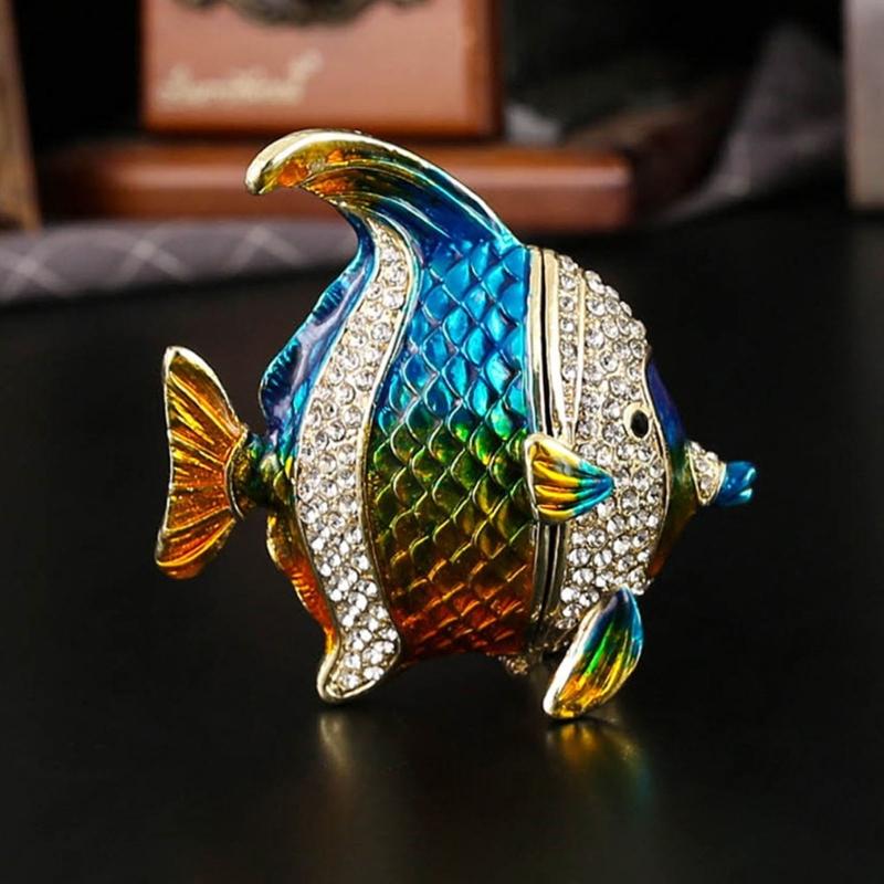 Sturdy Alloy Jewelry Box With Magnetic Closure And Fish Pattern For Travel Storage